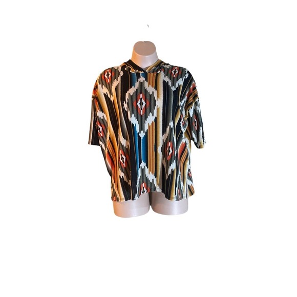 BiBi Short Sleeve Lightweight Hooded Top Aztec Print‎ Women’s Large - Picture 1 of 10